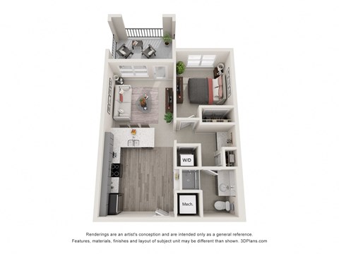 Floor plan for 1 bed, 1 bath, 674 sqft
